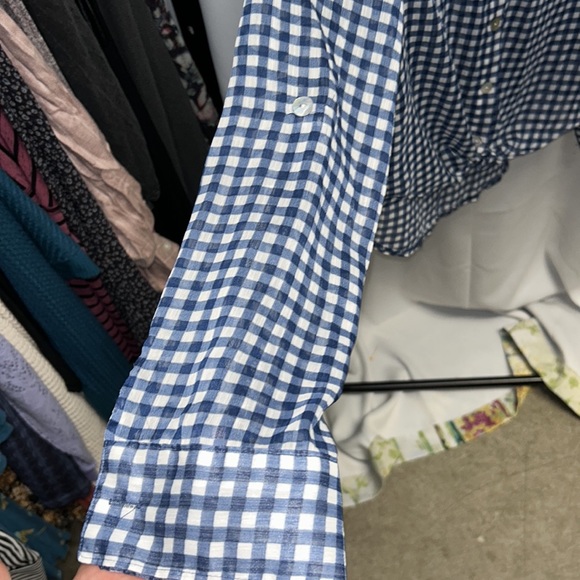 41- About A Girl Checkered Blue & White Buffalo Plaid LS Sheer Top Medium - Picture 6 of 10